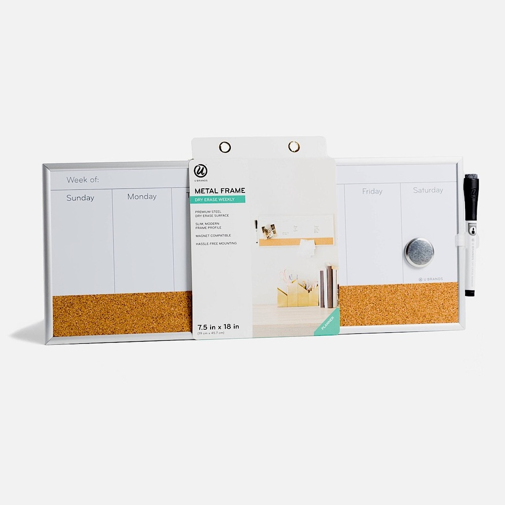 U Brands Weekly Metal Frame, Magnet-Compatible, Dry Erase Board w/ Cork-Board